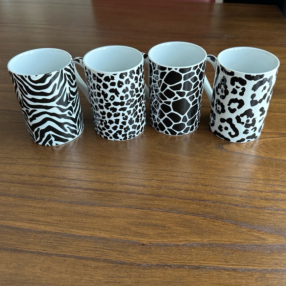 Set of Four Animal Print Mugs - Porcelain Coffee Cups